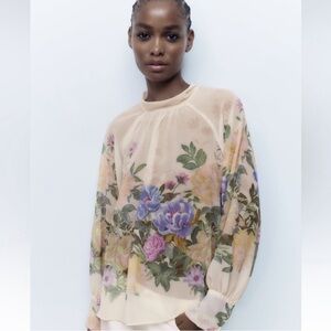 Zara Sheer Chiffon Floral Print Long sleeve Back Neck Tie Blouse Size M